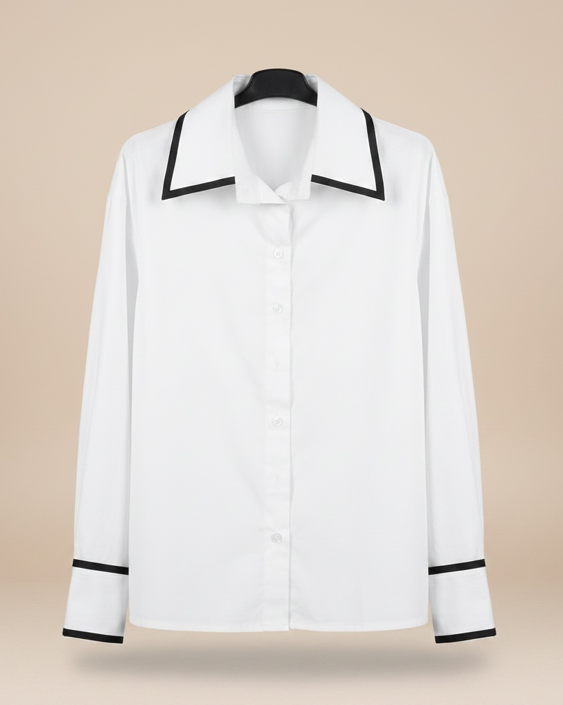 Camicia in Cotone Bianca con Profili a Contrasto Neri su Colletto e Polsini