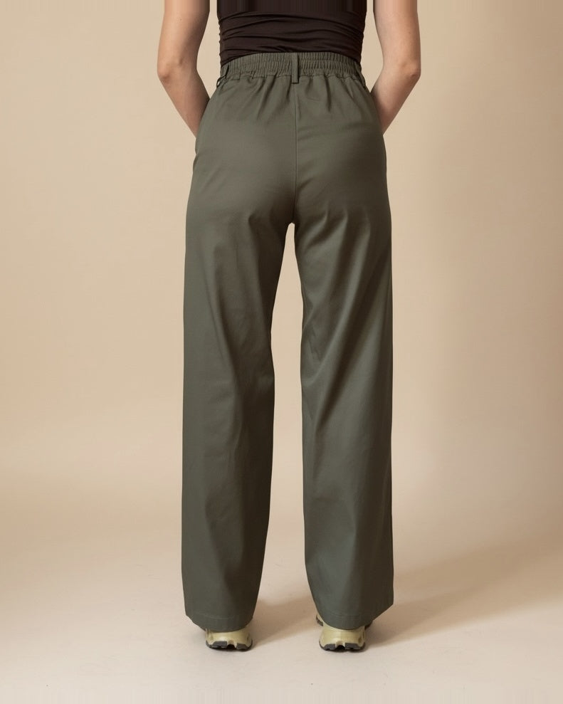 Pantaloni Chino Verde Militare a Vita Alta,