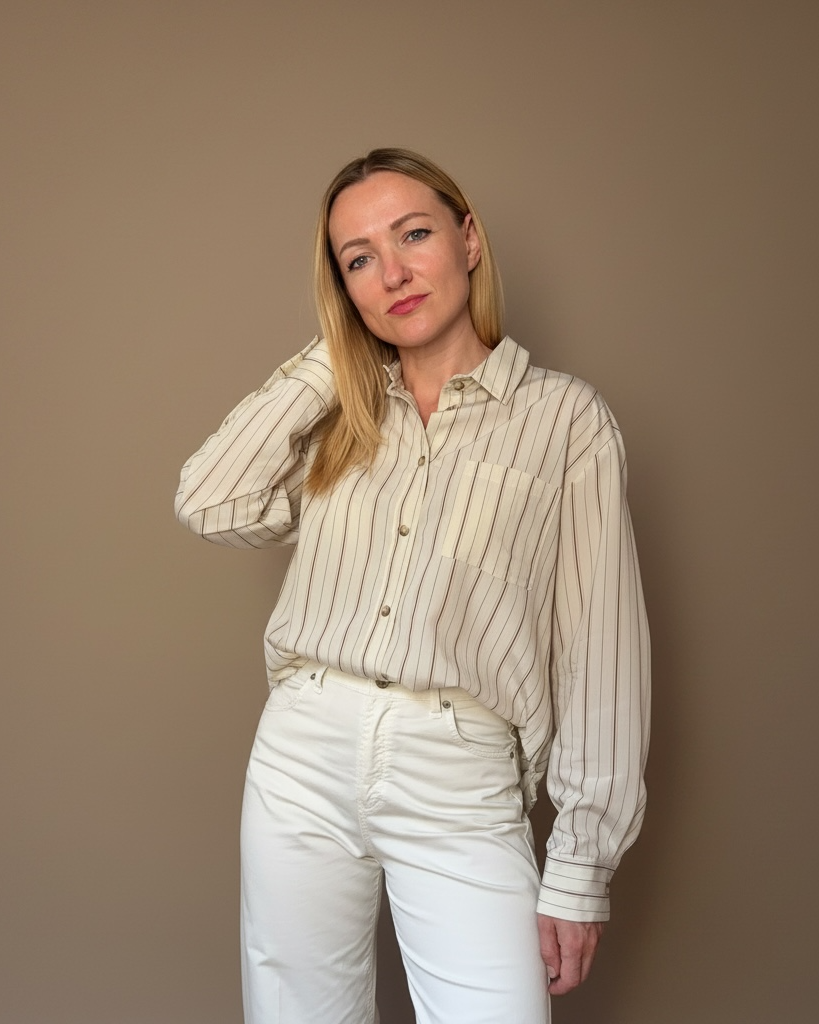 Camicia a Righe Verticali Panna e Marrone