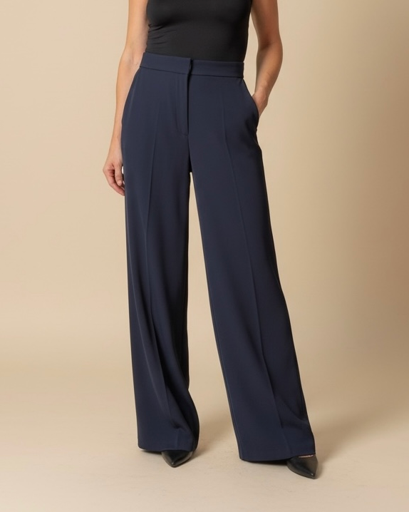 Pantaloni Palazzo Blu Navy a Vita Alta,