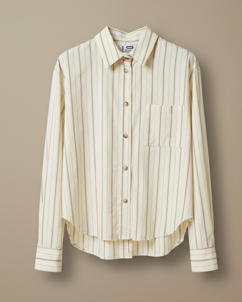 Camicia a Righe Verticali Panna e Marrone