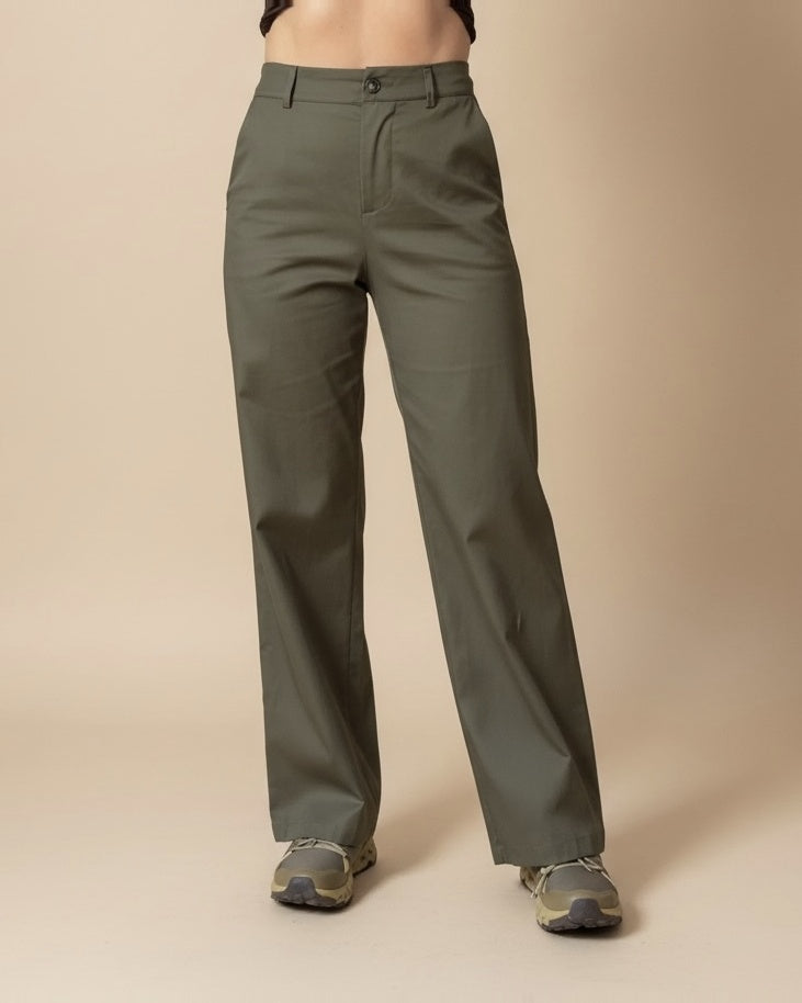 Pantaloni Chino Verde Militare a Vita Alta,
