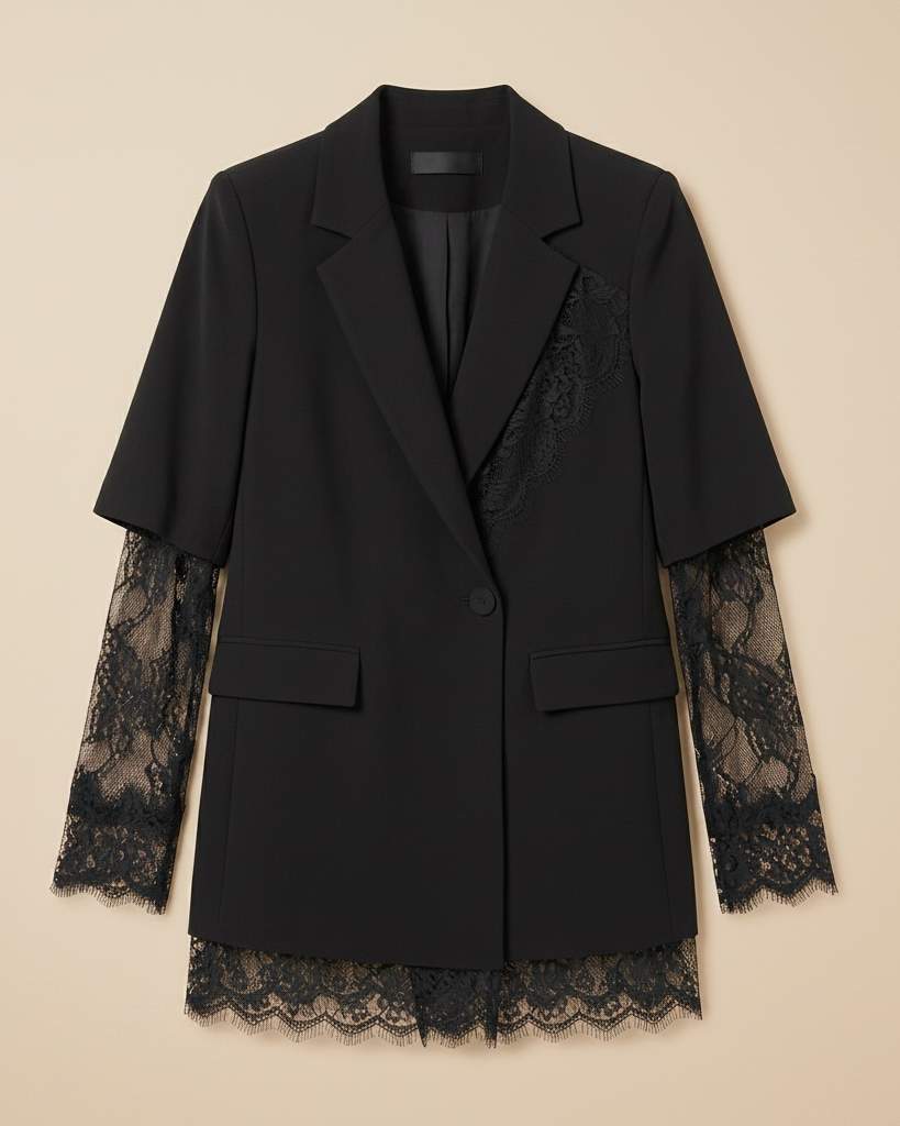 Blazer Nero Ricercato con Inserti in Pizzo Floreale