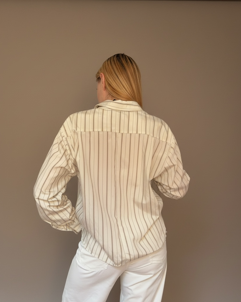 Camicia a Righe Verticali Panna e Marrone
