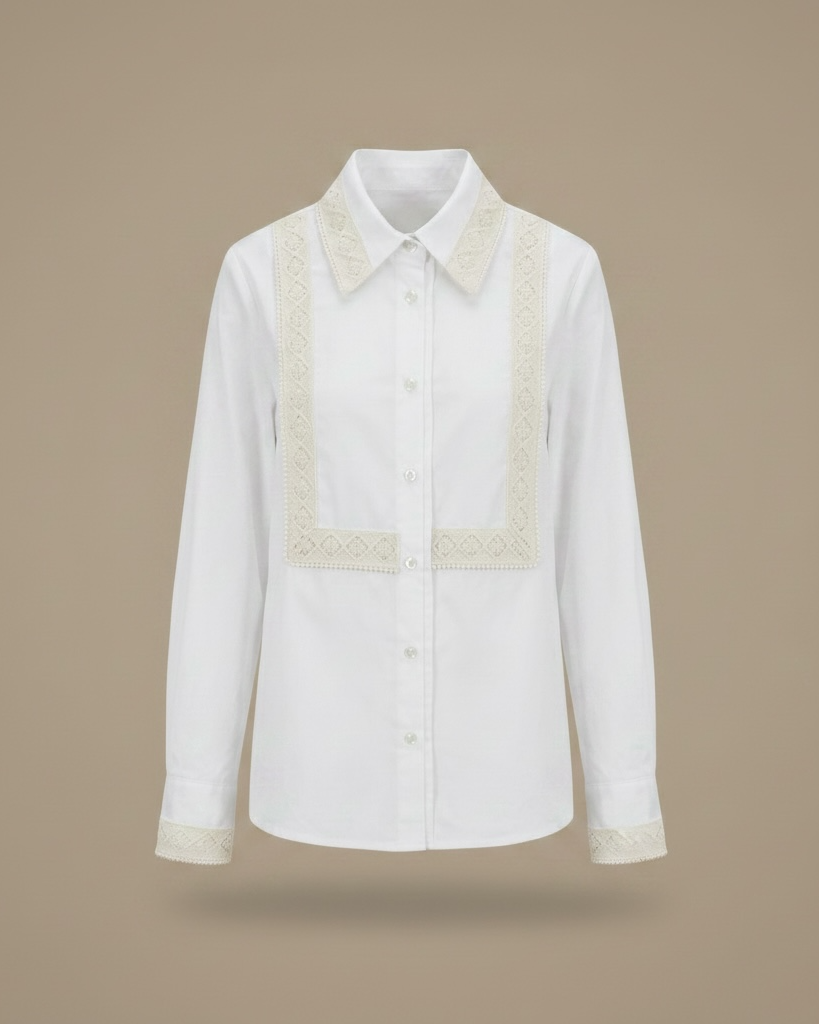 Camicia Bianca in Cotone con Inserti in Pizzo