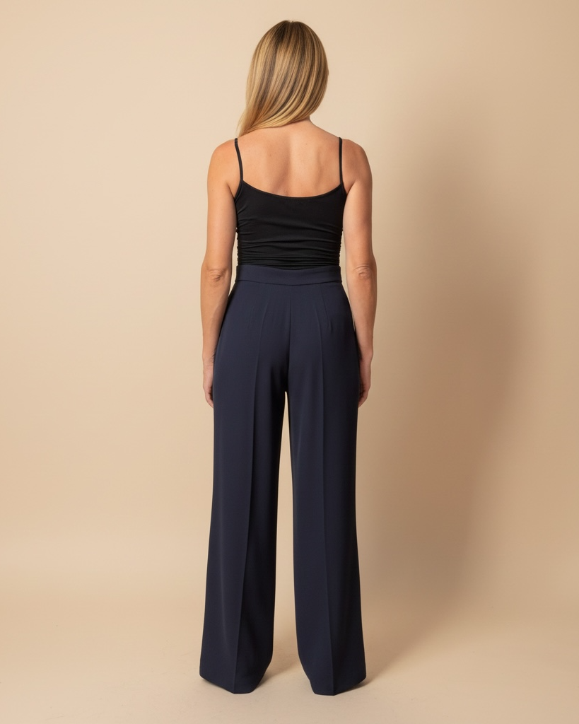 Pantaloni Palazzo Blu Navy a Vita Alta,